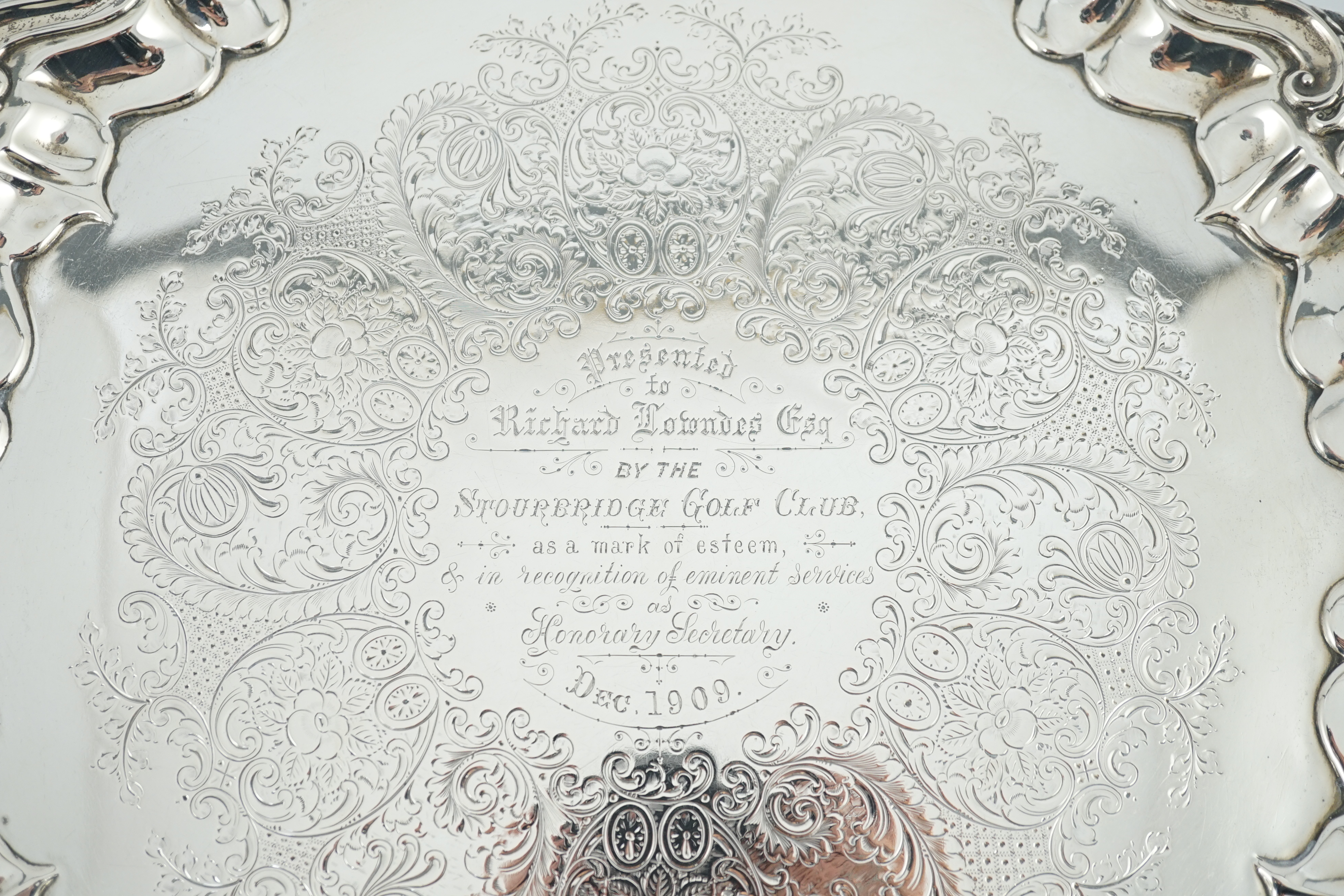 An Edwardian silver salver, by Barker Brothers, with engraved inscription relating to the Stourbridge Golf Club